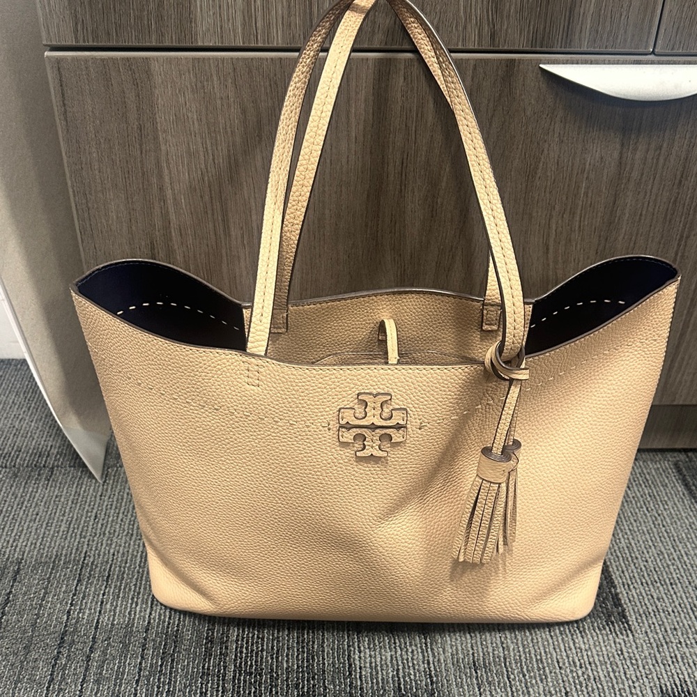 Tory Burch Pebbled Leather Tote in Beige with Tassel